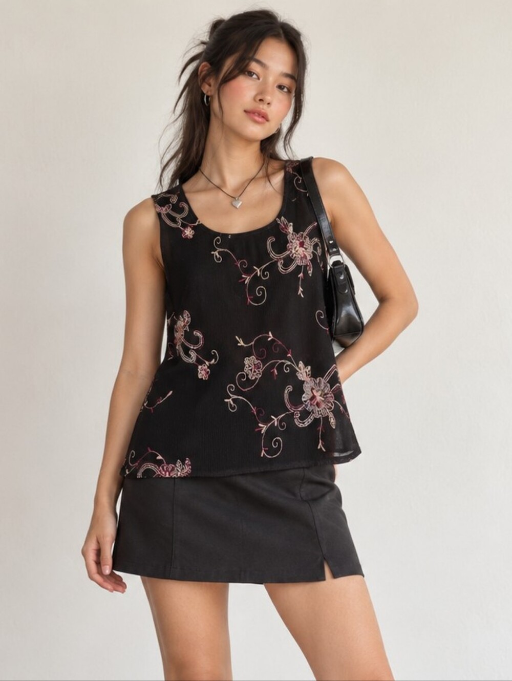 Vintage Y2K Jolibel Floral Sequin Tank Size L Black Fairycore Feminine